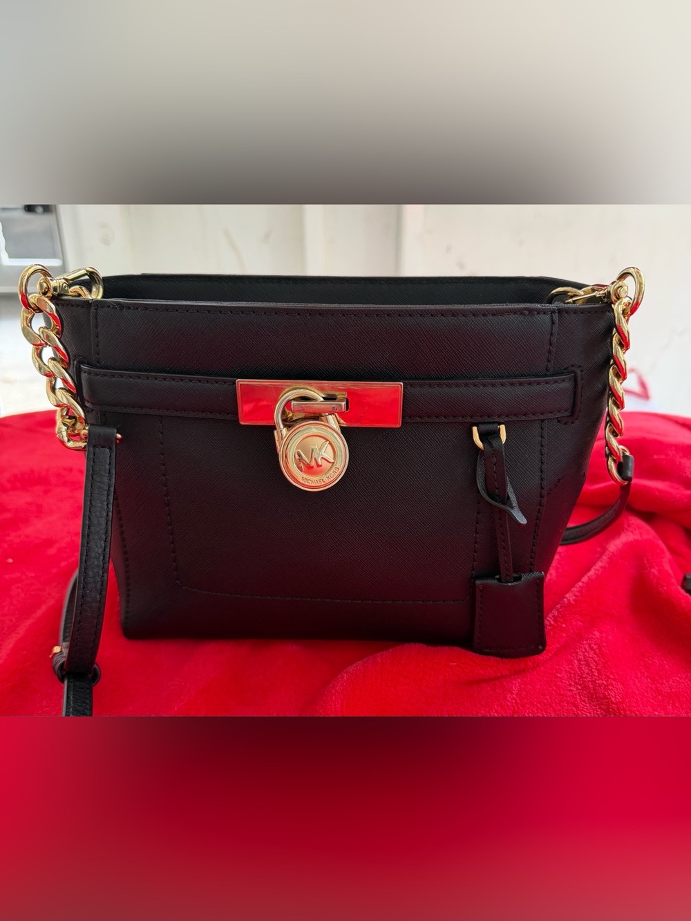 Michael Kors Black Saffiano Leather Crossbody Bag with Gold Hardware